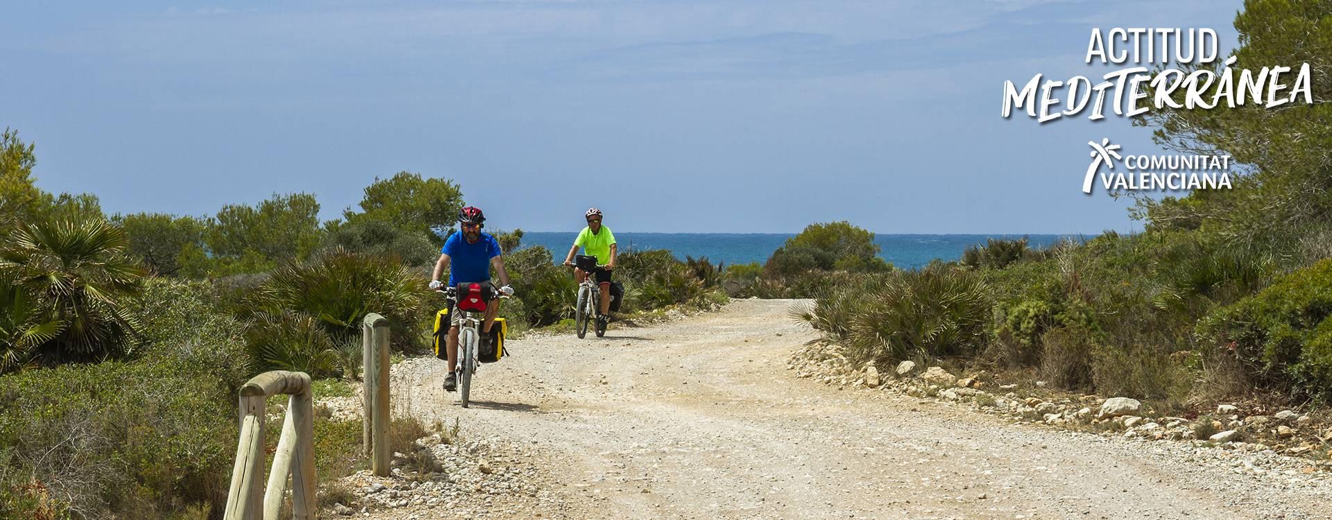 Cyclists enjoying a green route through the mountains 